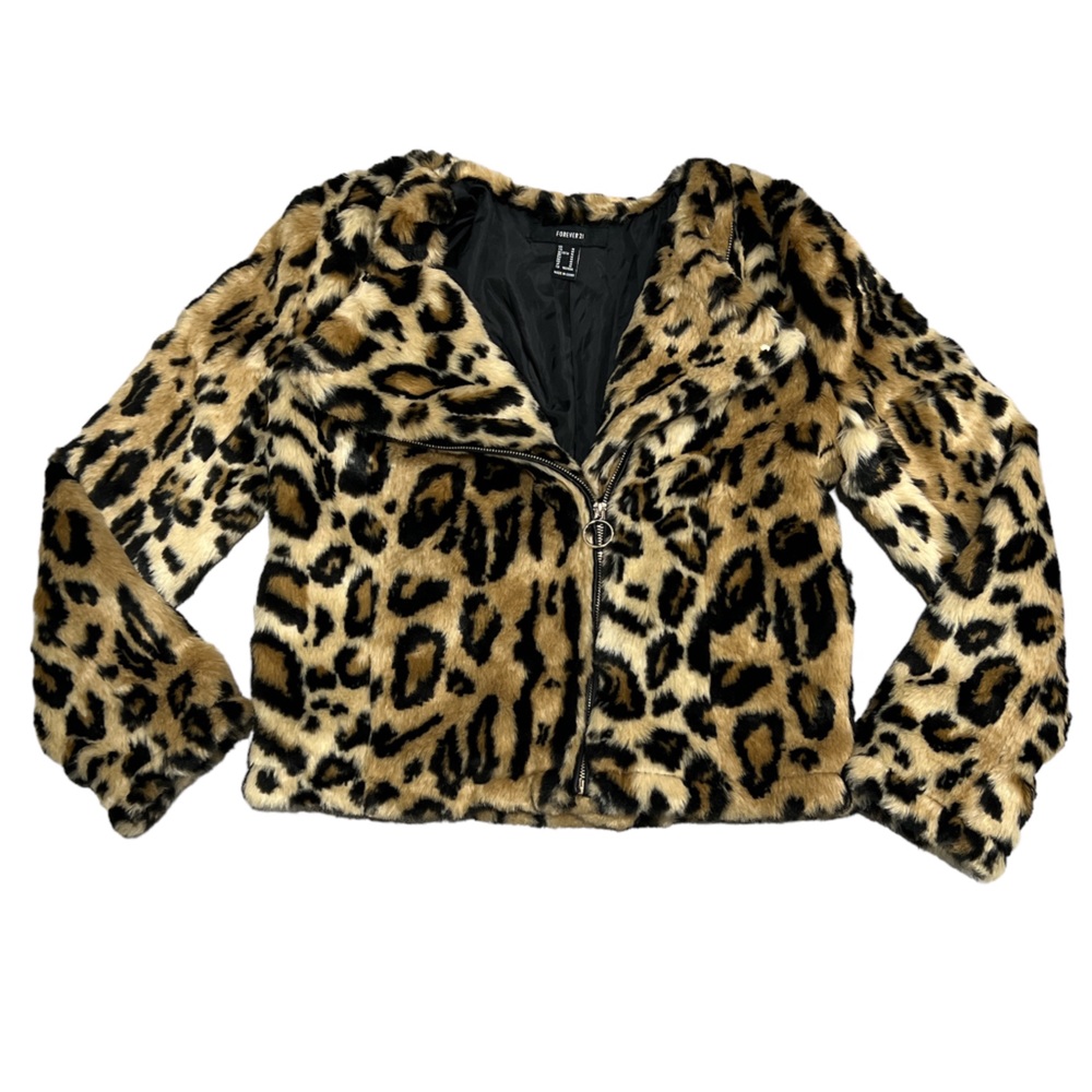 Forever 21 Leopard Print Faux Fur Asymmetrical Zipper Jacket